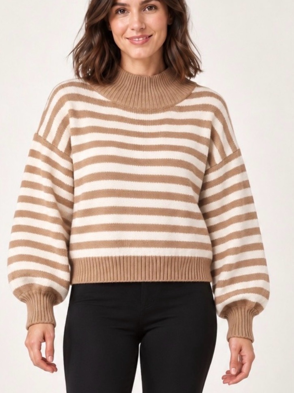 House of Sienna Camel Cream Striped Wool Blend Cropped Sweater S/M